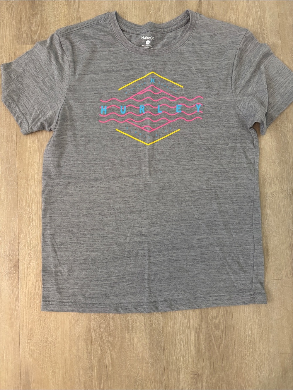 Hurley Gray Short Sleeve Tee with Pink, Blue & Yellow Graphic